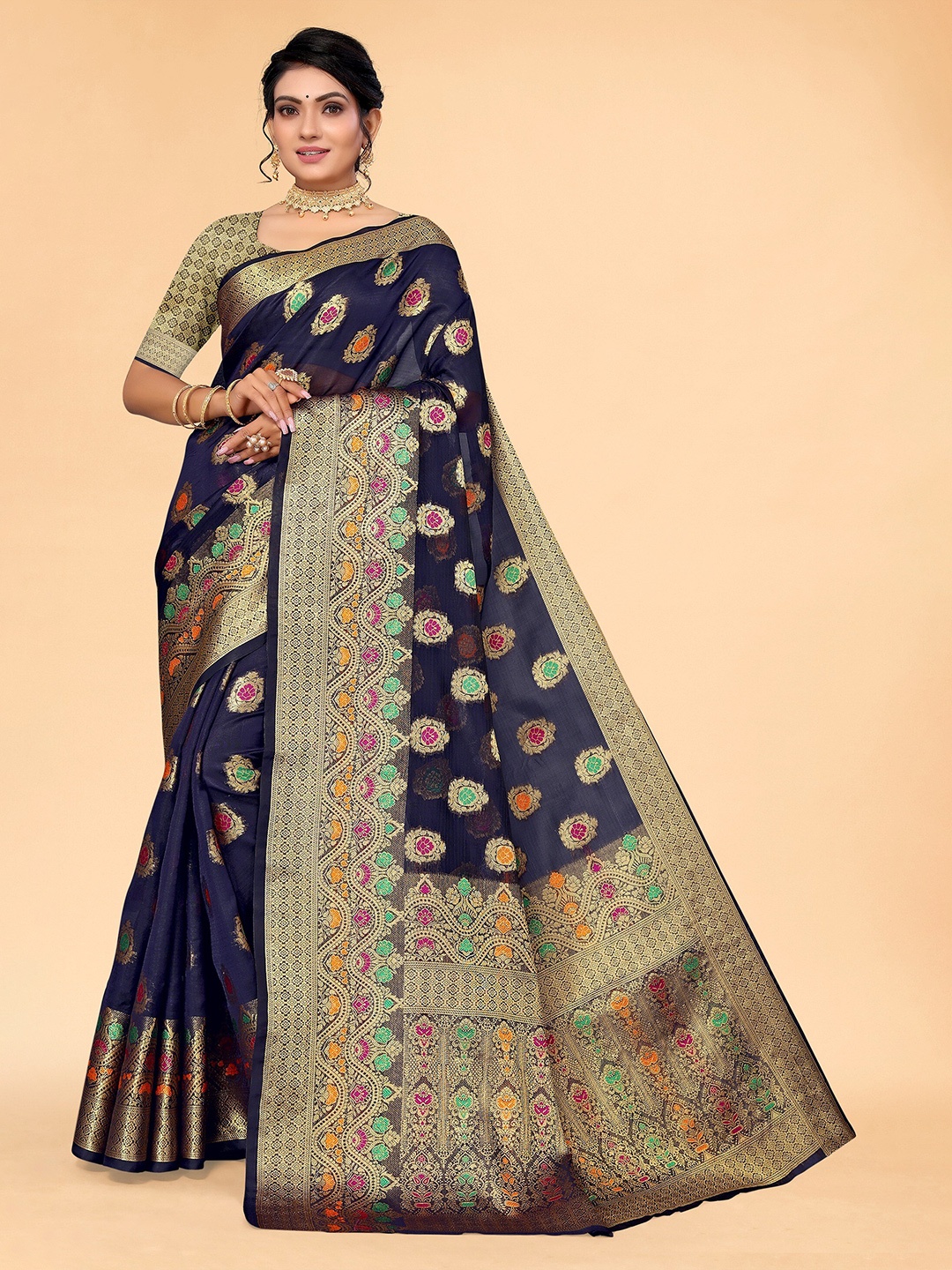 

all about you Blue & Gold-Toned Floral Organza Saree