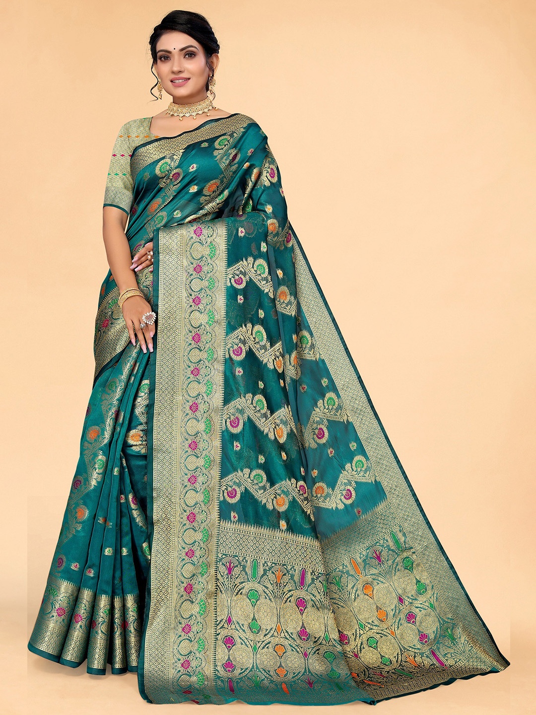 

all about you Teal & Green Woven Design Zari Organza Saree
