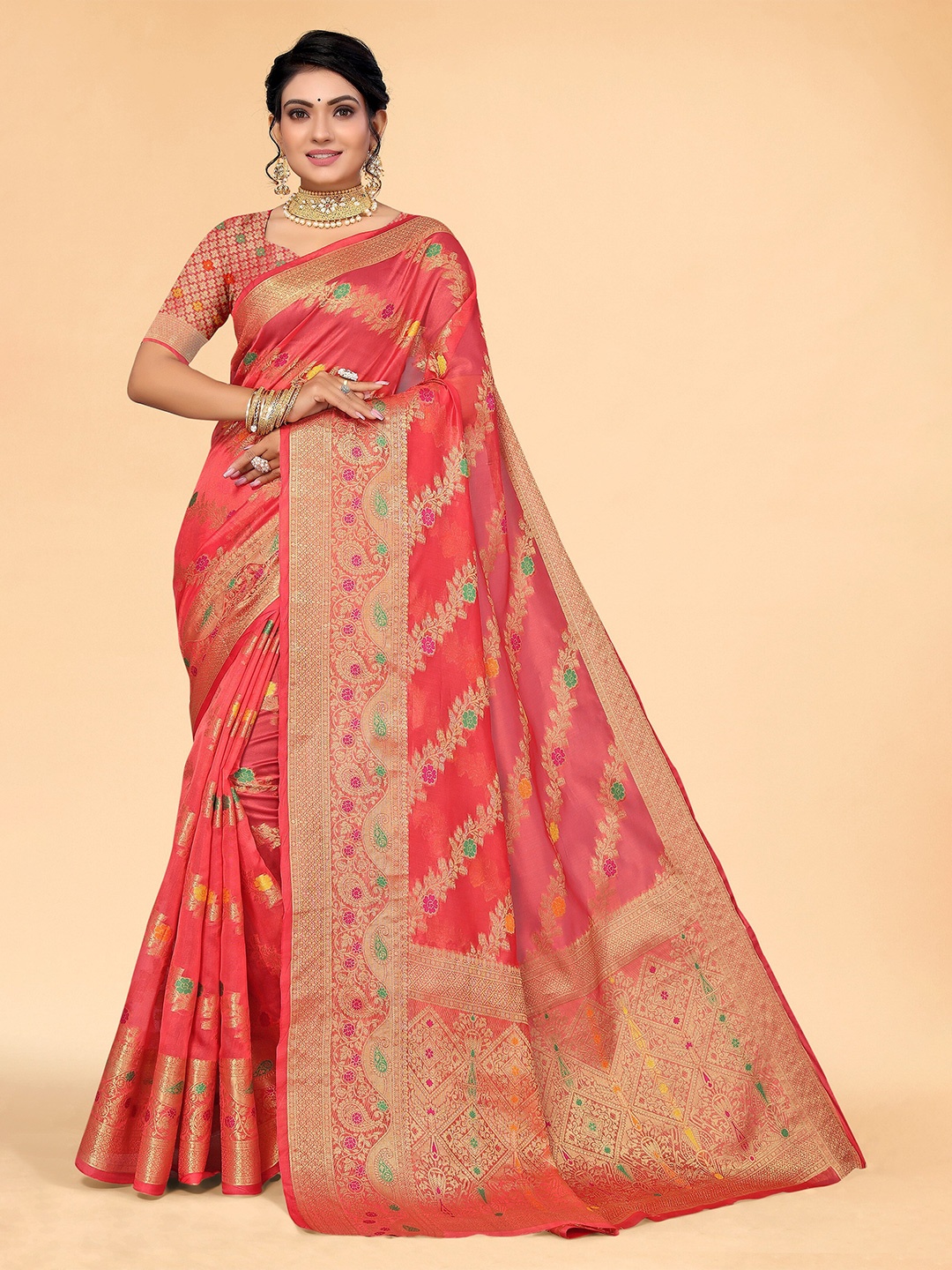 

all about you Pink & Gold-Toned Floral Organza Saree