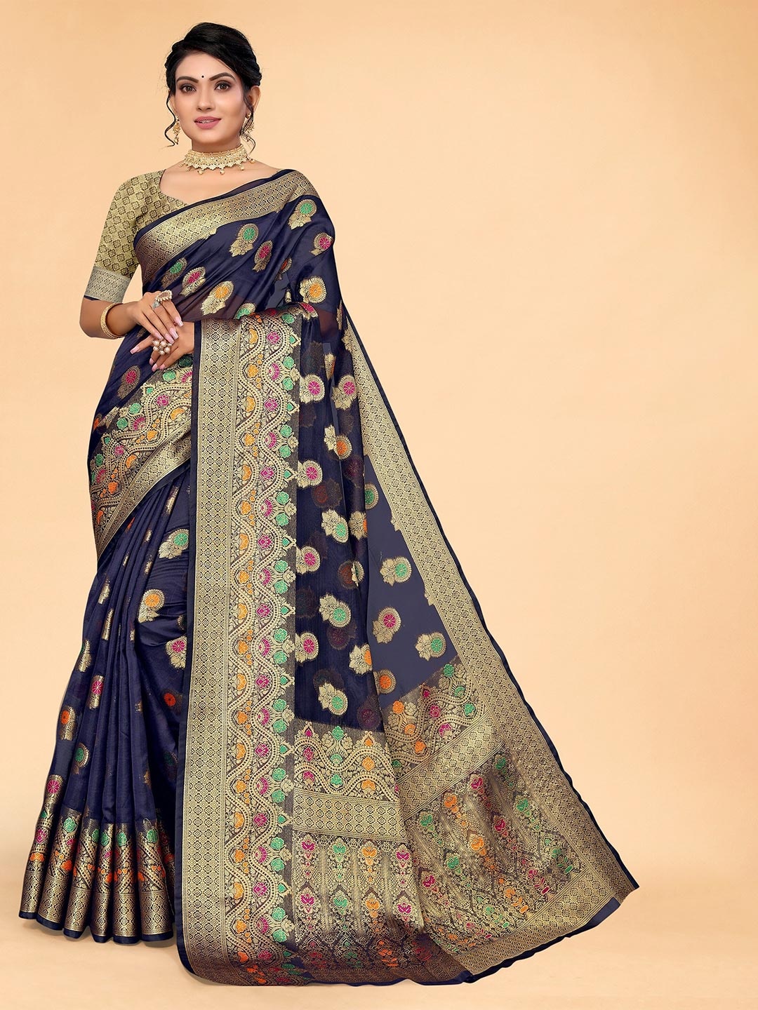 

all about you Navy Blue & Gold-Toned Floral Organza Saree