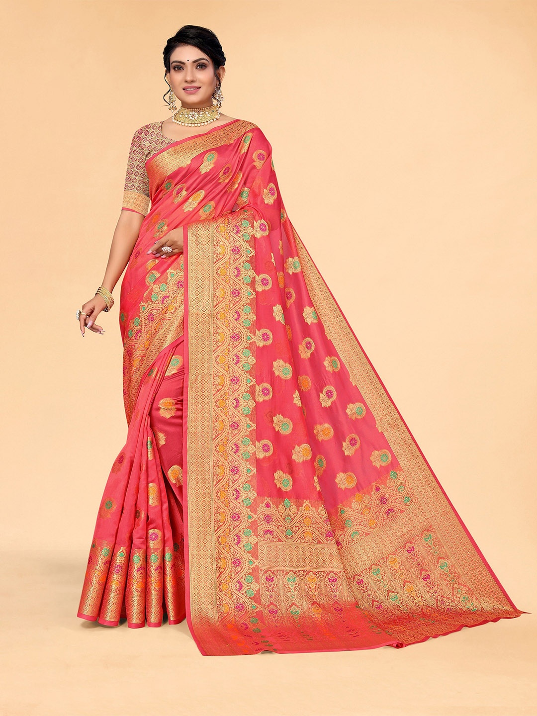 

all about you Pink & Gold-Toned Floral Organza Kanjeevaram Saree