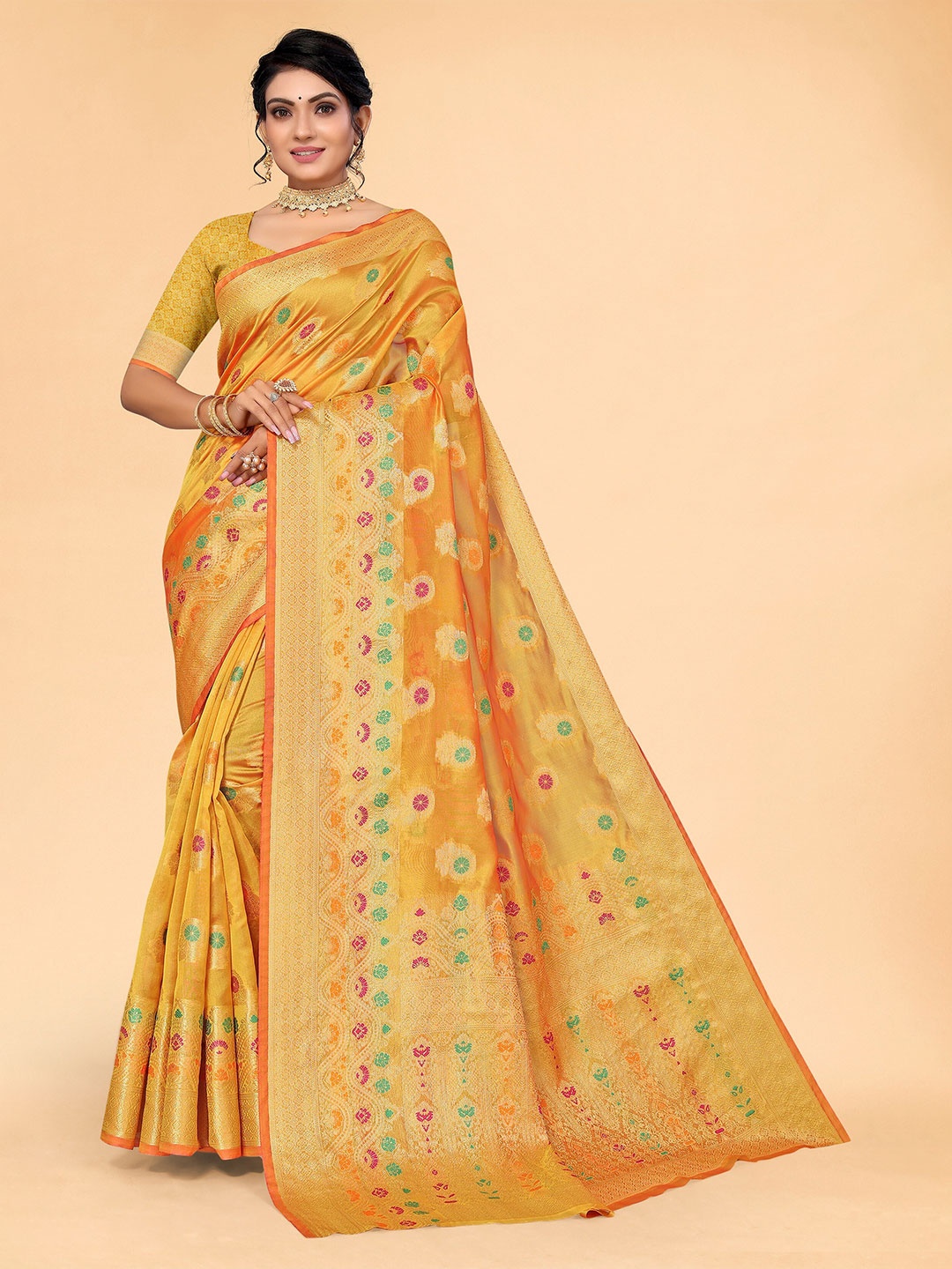 

all about you Mustard & Gold-Toned Floral Organza Saree