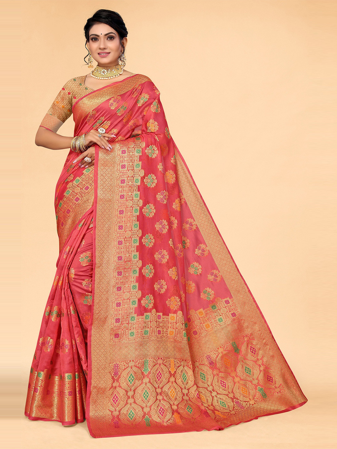 

all about you Pink & Gold-Toned Ethnic Motifs Organza Saree