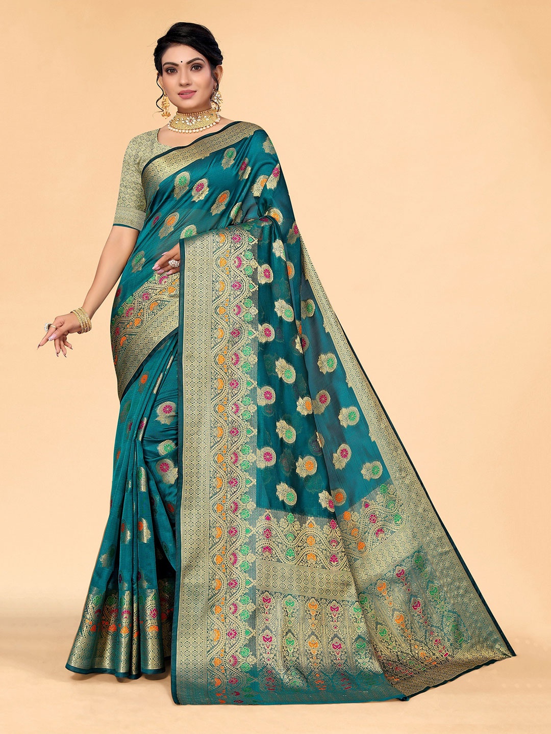 

all about you Teal & Gold-Toned Ethnic Motifs Organza Saree