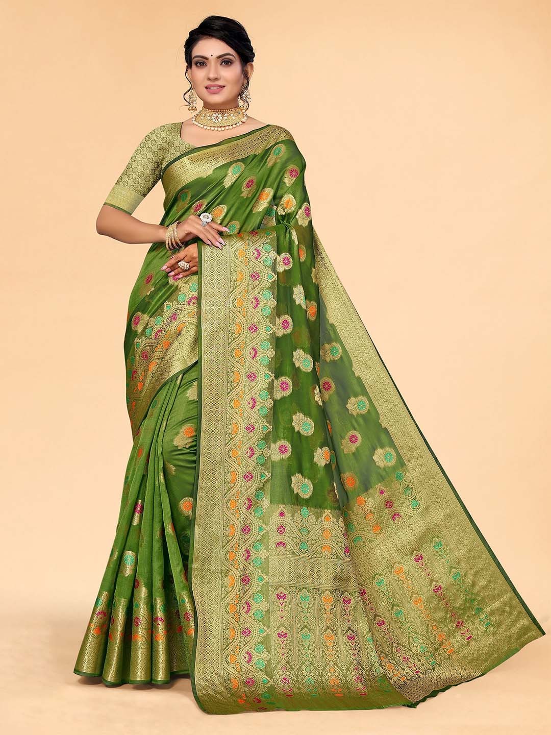 

all about you Green & Gold-Toned Ethnic Motifs Organza Saree