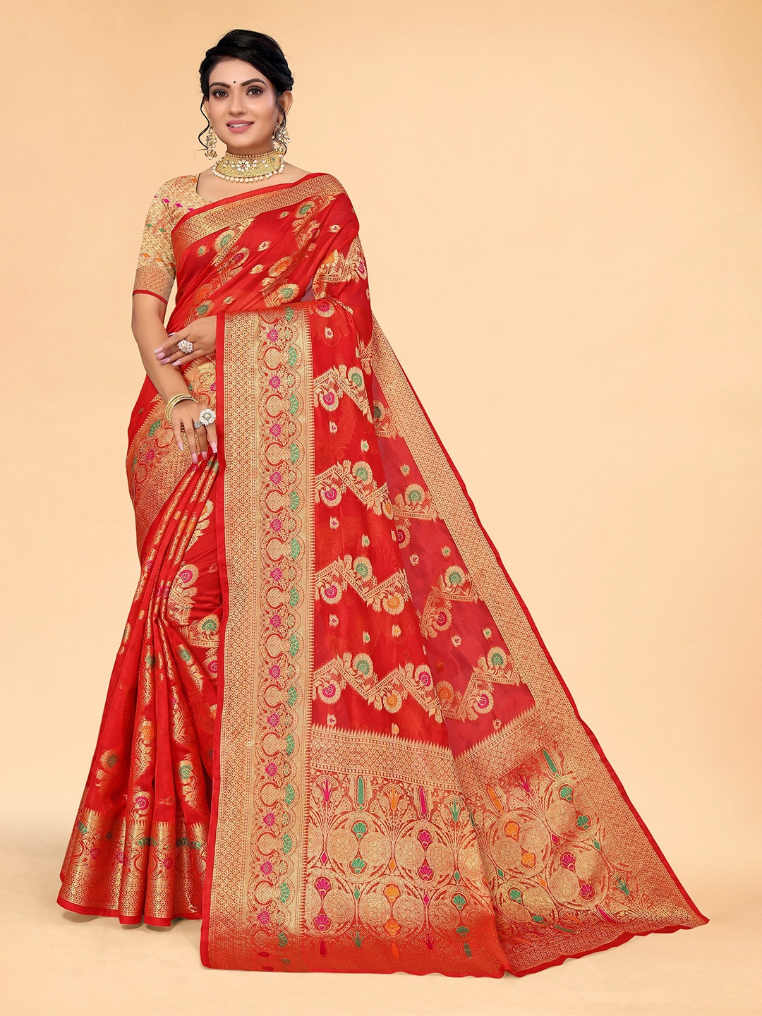 

all about you Red & Gold-Toned Ethnic Motifs Organza Saree