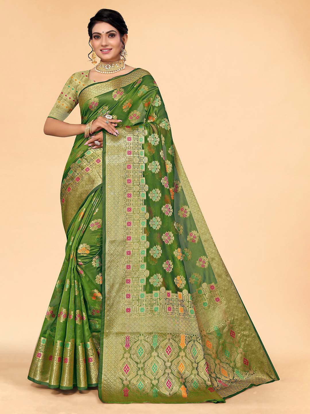 

all about you Green & Gold-Toned Floral Organza Saree