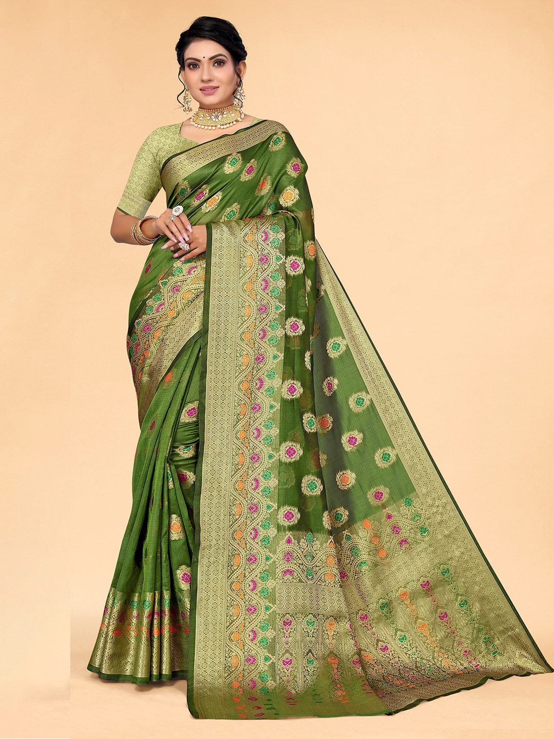 

all about you Green & Gold-Toned Ethnic Motifs Organza Kanjeevaram Saree