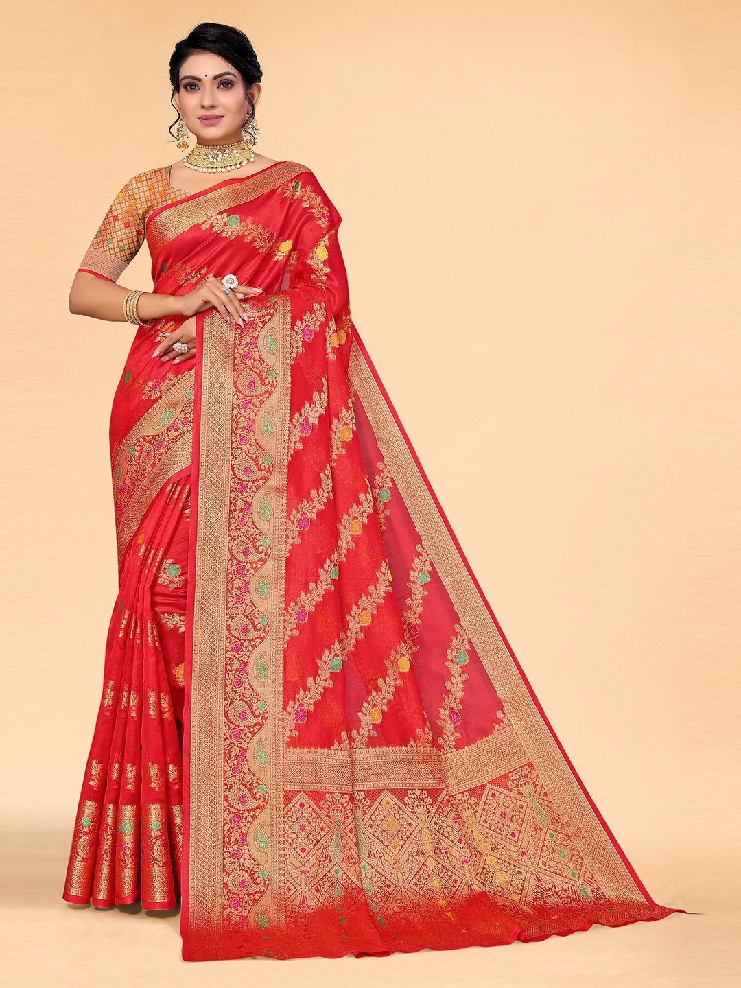 

all about you Red & Gold-Toned Paisley Organza Saree