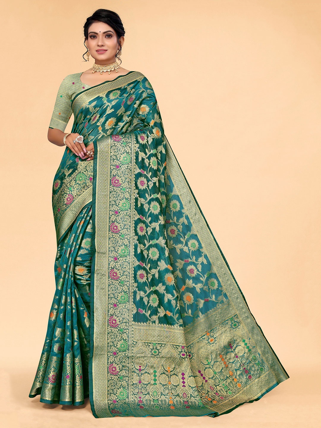 

all about you Teal & Green Floral Organza Saree