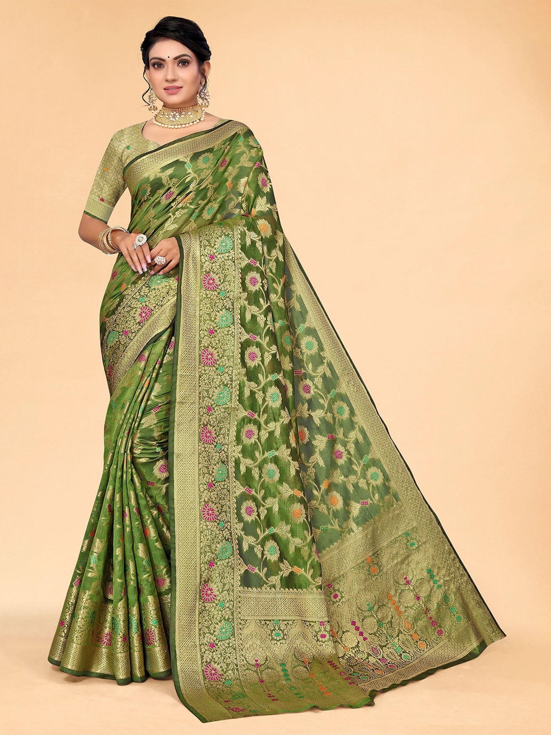 

all about you Green & Orange Floral Organza Saree