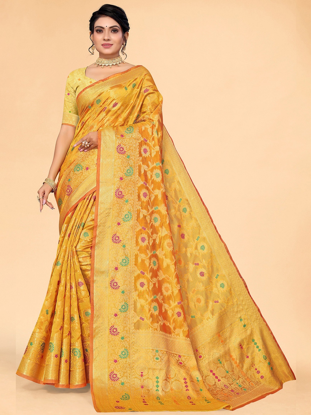 

all about you Yellow & Green Floral Organza Saree
