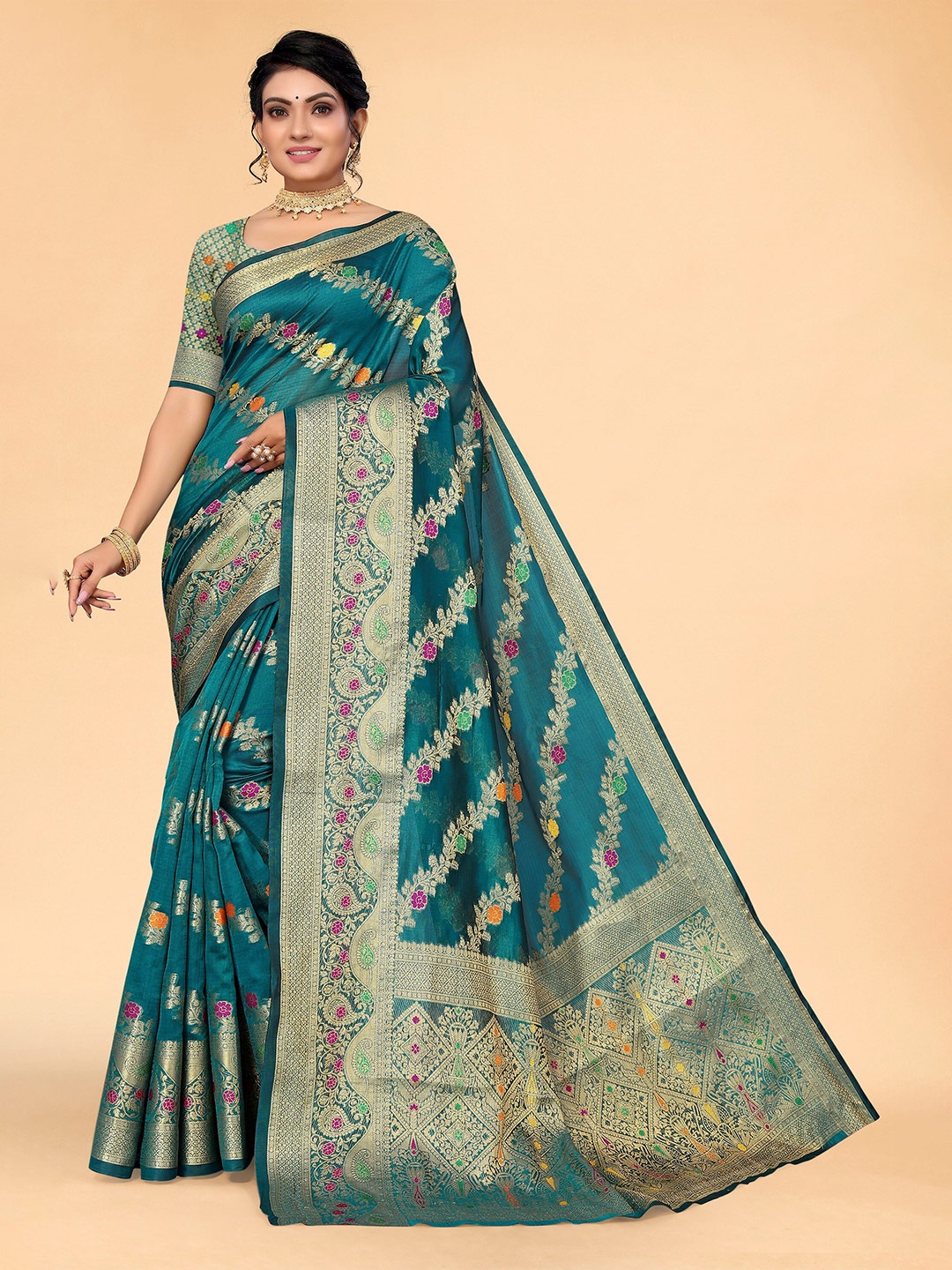 

all about you Teal & Pink Paisley Organza Saree