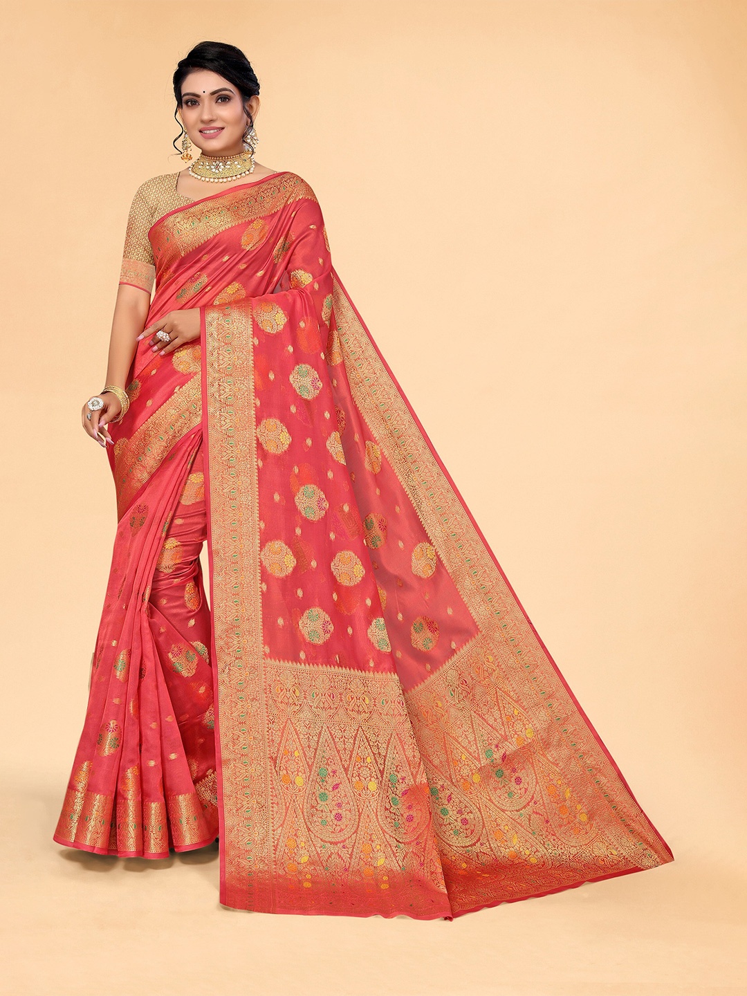 

all about you Pink & Gold-Toned Ethnic Motifs Zari Organza Saree