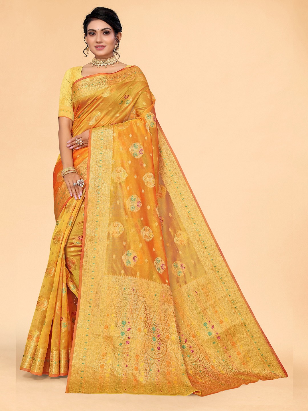 

all about you Mustard & Gold-Toned Ethnic Motifs Organza Saree