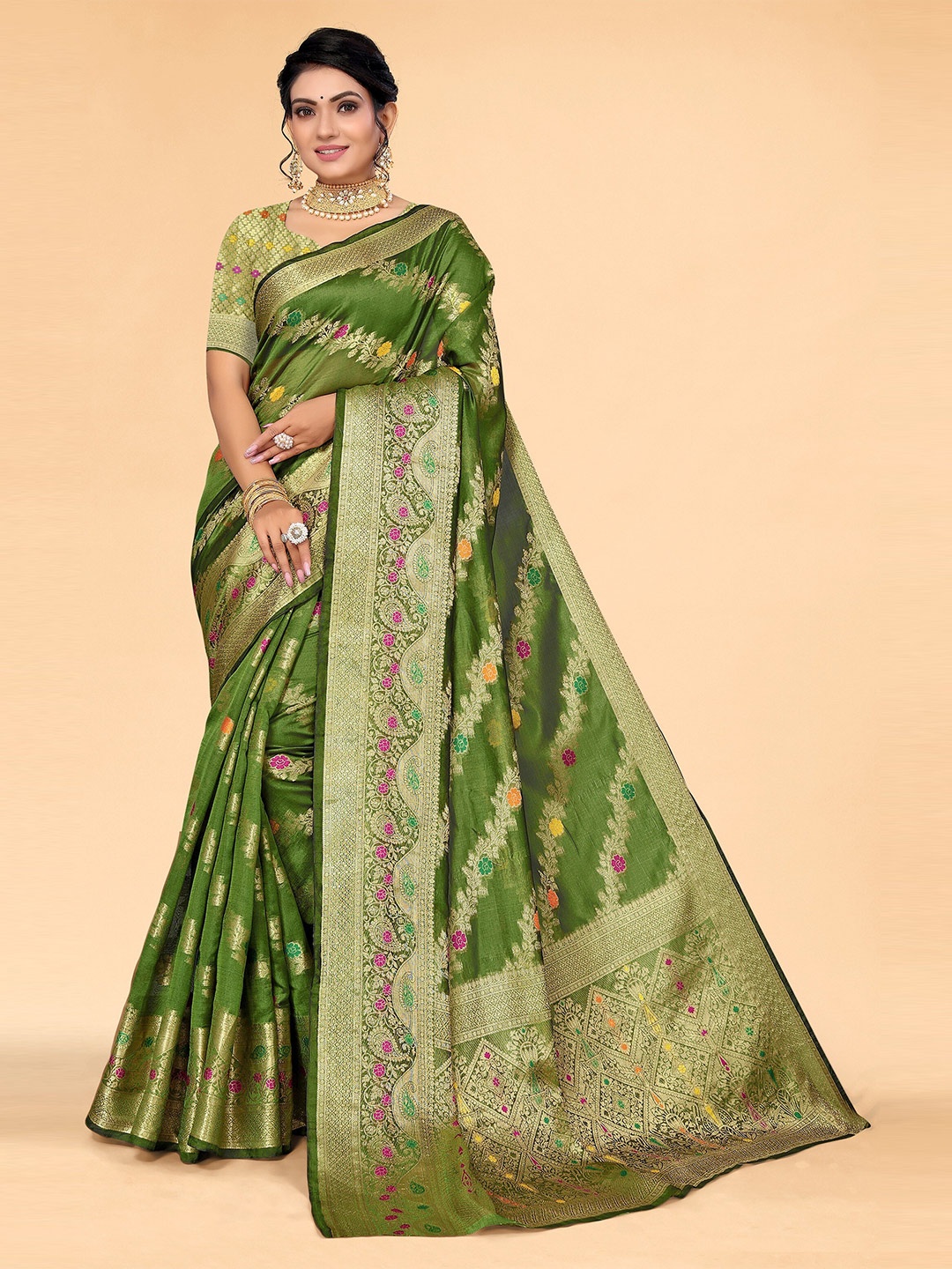 

all about you Green & Gold-Toned Paisley Organza Saree