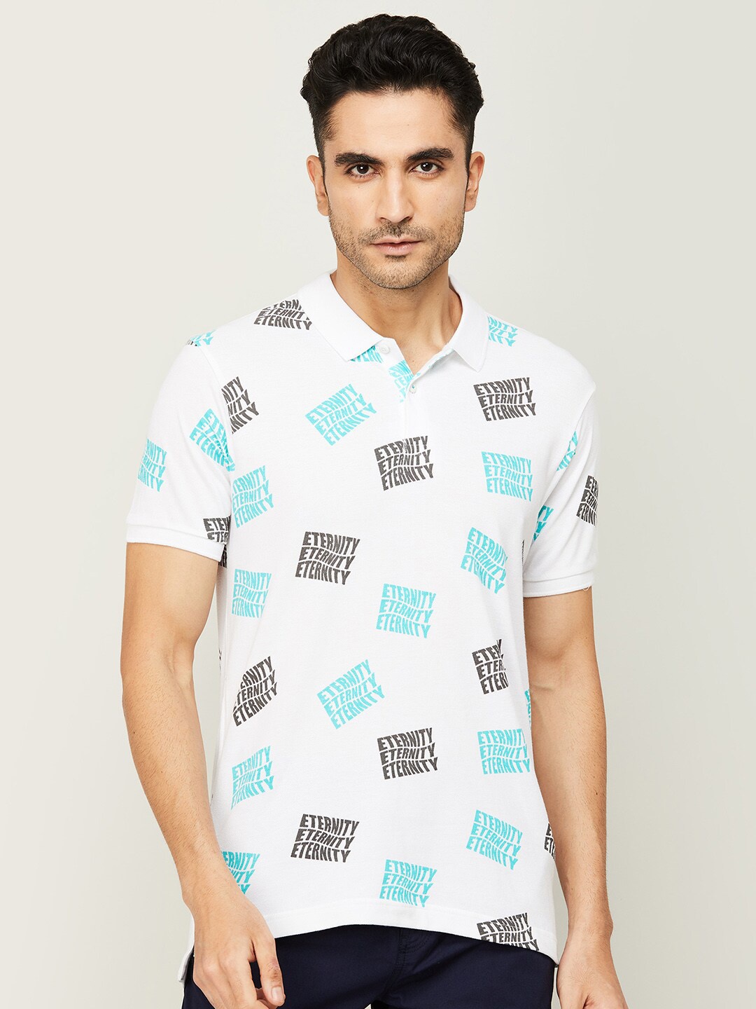 

Bossini Men White Typography Printed Polo Collar Pure Cotton T-shirt