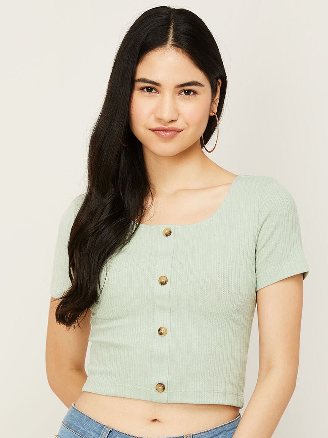 

Ginger by Lifestyle Women Green Striped Crop Top