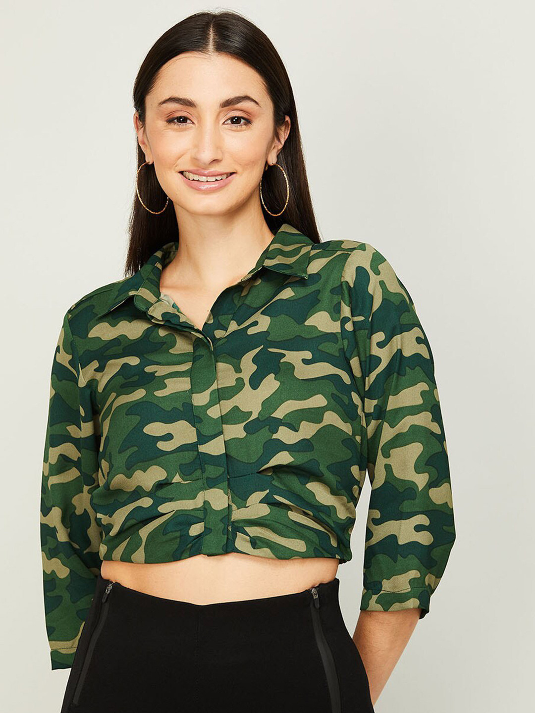 

Ginger by Lifestyle Women Olive Green & Cream-Coloured Print Shirt Style Crop Top