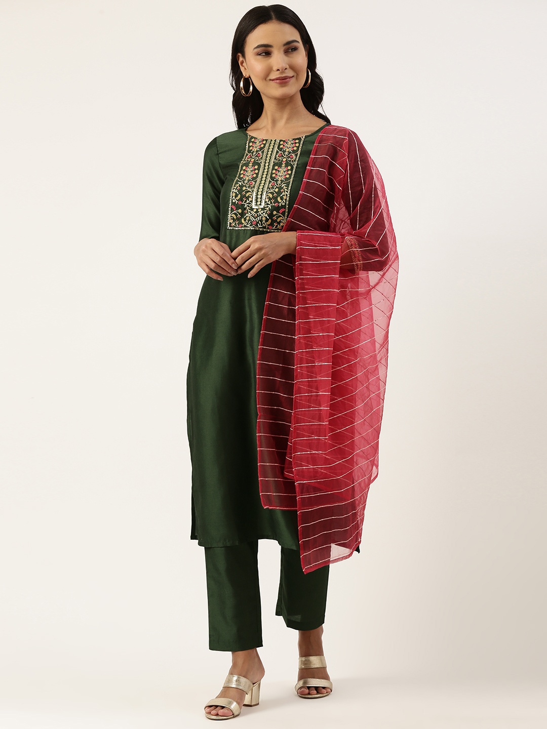 

SWAGG INDIA Women Green Zari Embroidered Kurta with Trousers & With Dupatta