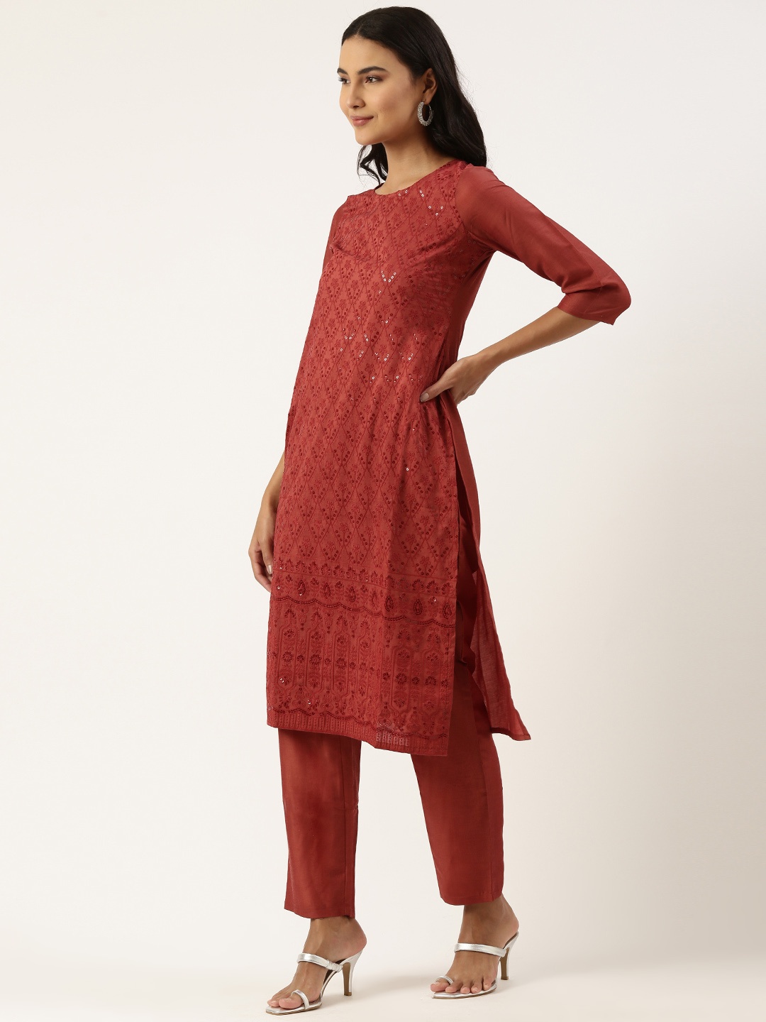 

SWAGG INDIA Women Rust Orange Chinon Embroidered Chikankari Kurta with Trousers