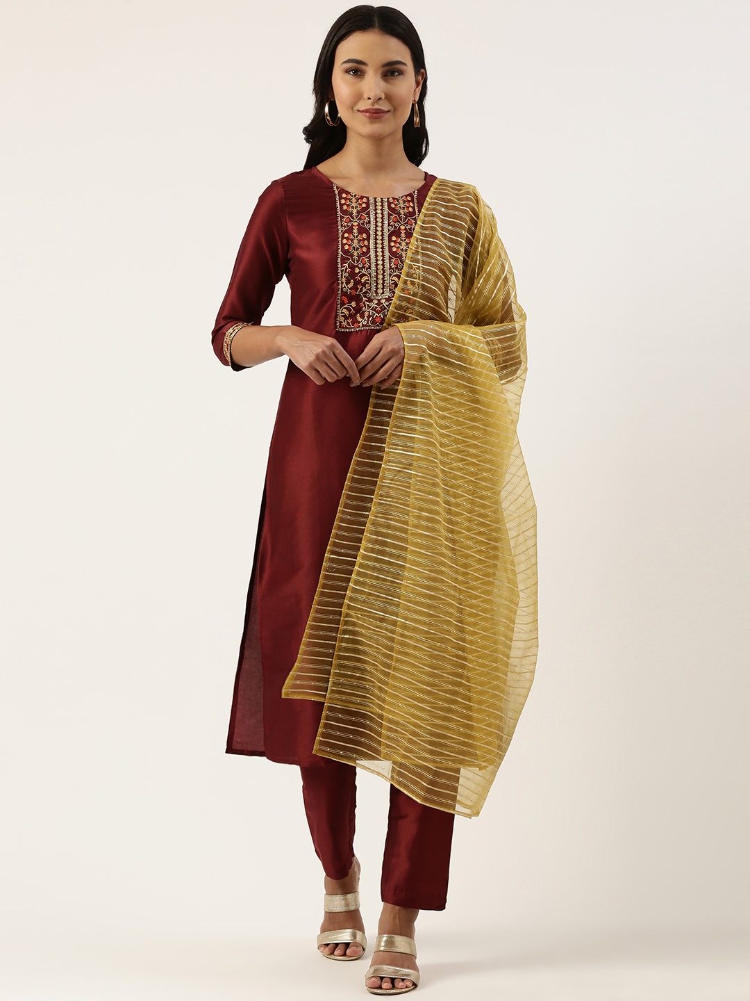 

SWAGG INDIA Women Maroon Zari Yoke Design Kurta with Trousers & With Dupatta