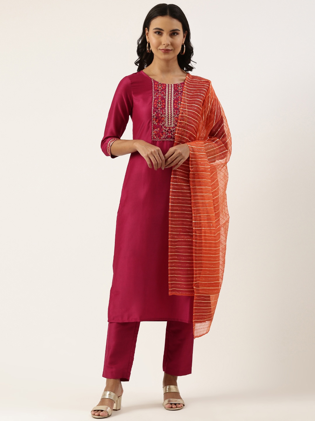 

SWAGG INDIA Women Pink Zari Embroidered Yoke Design Kurta with Trousers & With Dupatta