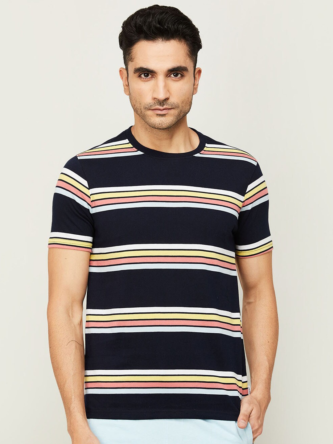 

Fame Forever by Lifestyle Men Navy Blue & Orange Striped Pure Cotton T-shirt