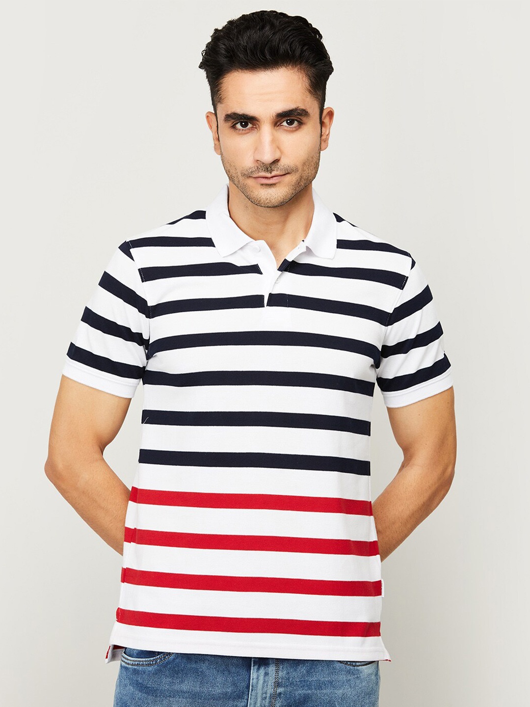 

Fame Forever by Lifestyle Men White & Black Striped Polo Collar T-shirt