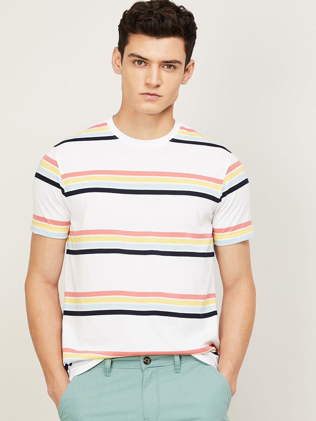 

Fame Forever by Lifestyle Men White & Orange Striped Pure Cotton T-shirt