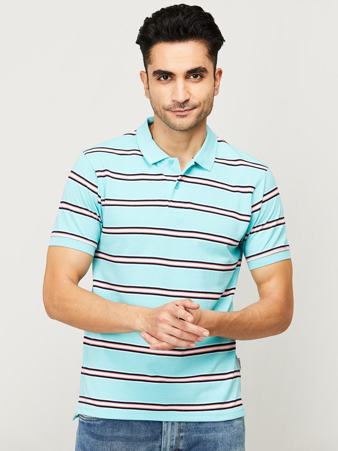 

Fame Forever by Lifestyle Men Blue Striped Polo Collar T-shirt