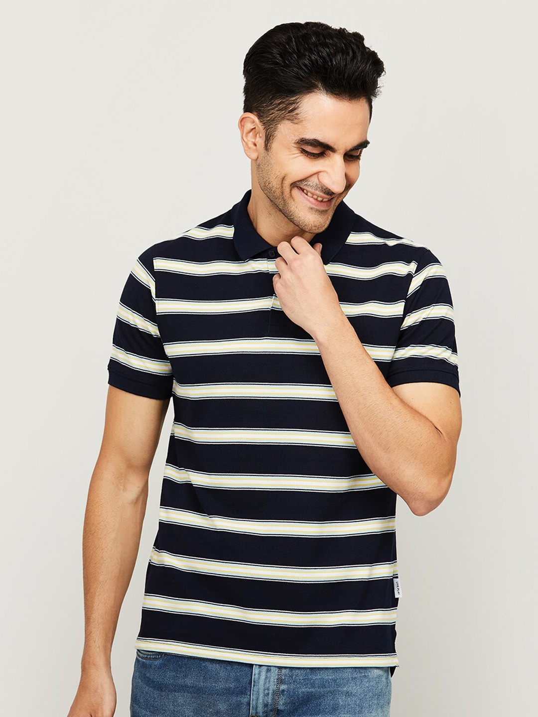 

Fame Forever by Lifestyle Men Navy Blue & Yellow Striped Polo Collar T-shirt