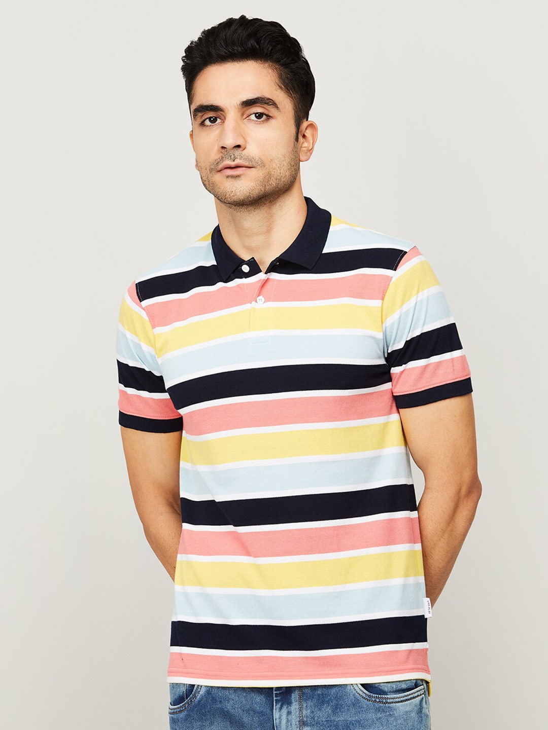 

Fame Forever by Lifestyle Men Blue Striped Polo Collar T-shirt