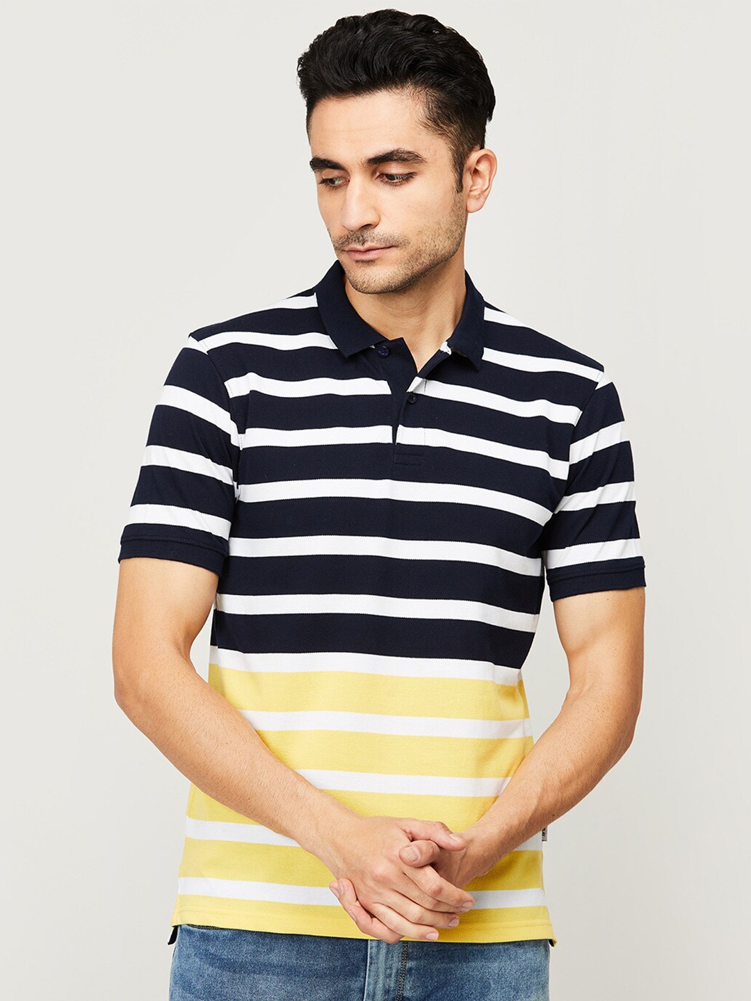

Fame Forever by Lifestyle Men Navy Blue & White Striped Polo Collar T-shirt