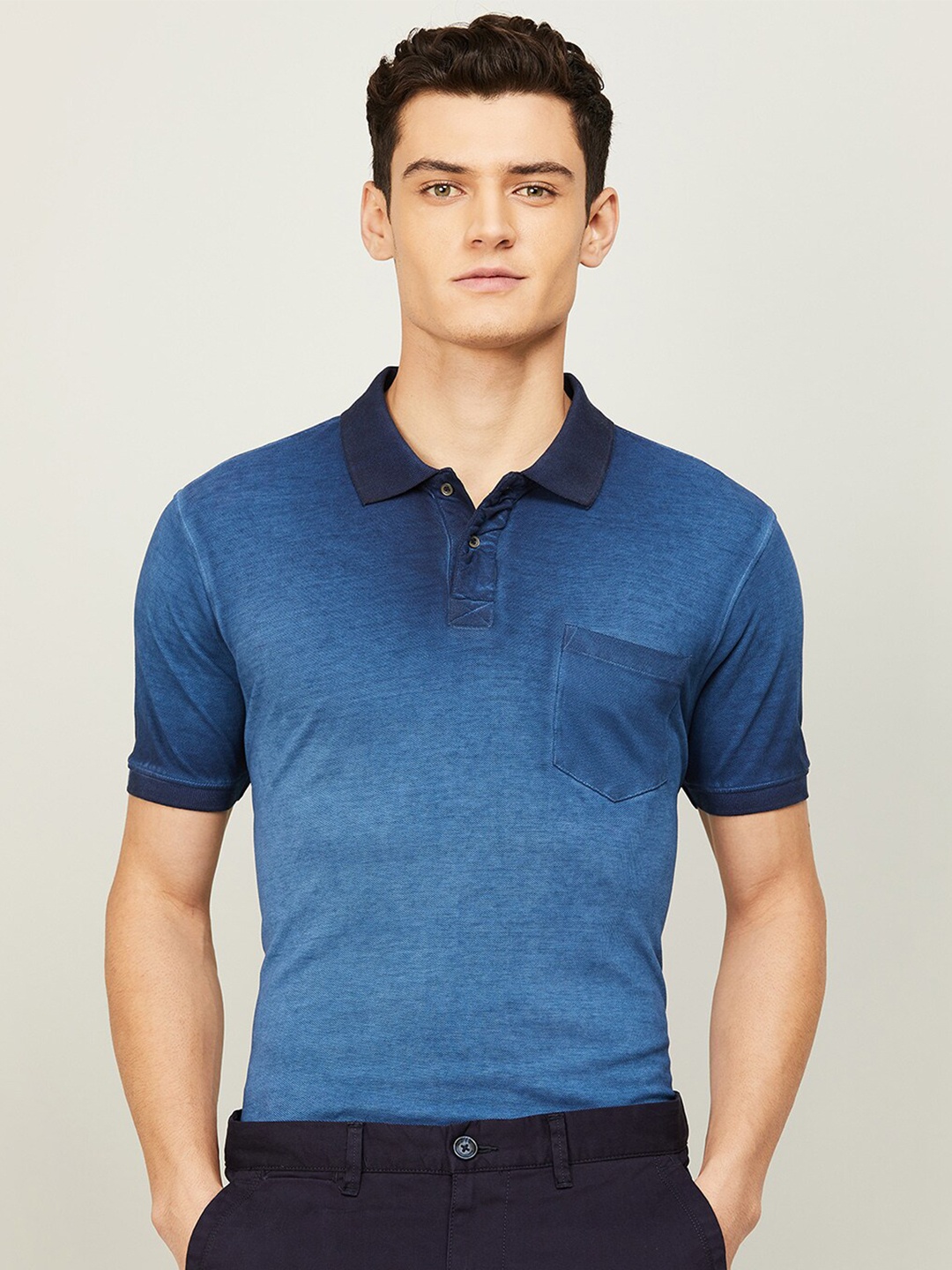 

Forca Men Navy Blue Polo Collar Pure Cotton Slim Fit T-shirt