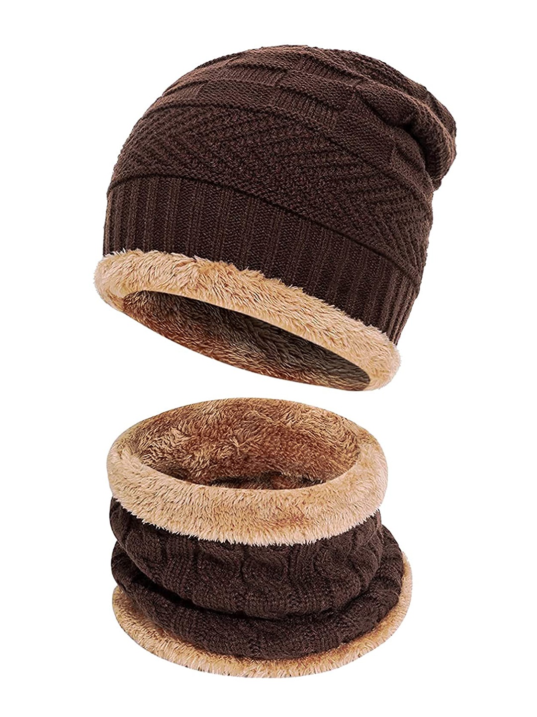 

Roadster Unisex Brown Self Design Wollen Beanie With Muffler