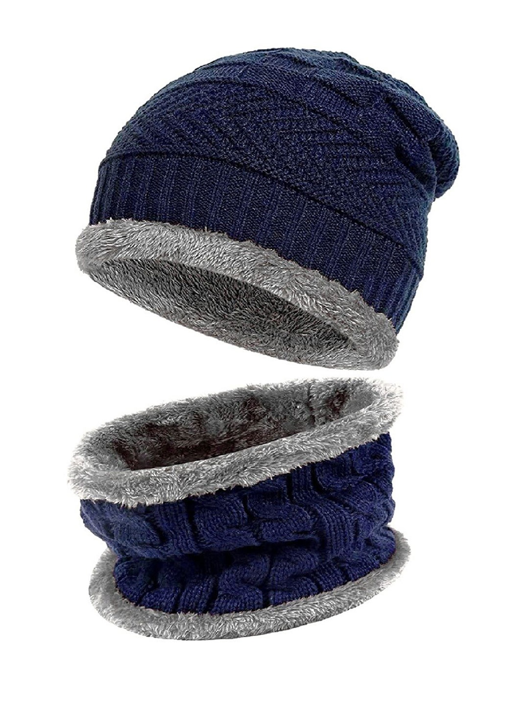 

Roadster Unisex Navy Blue & Grey Woollen Beanie with Muffler