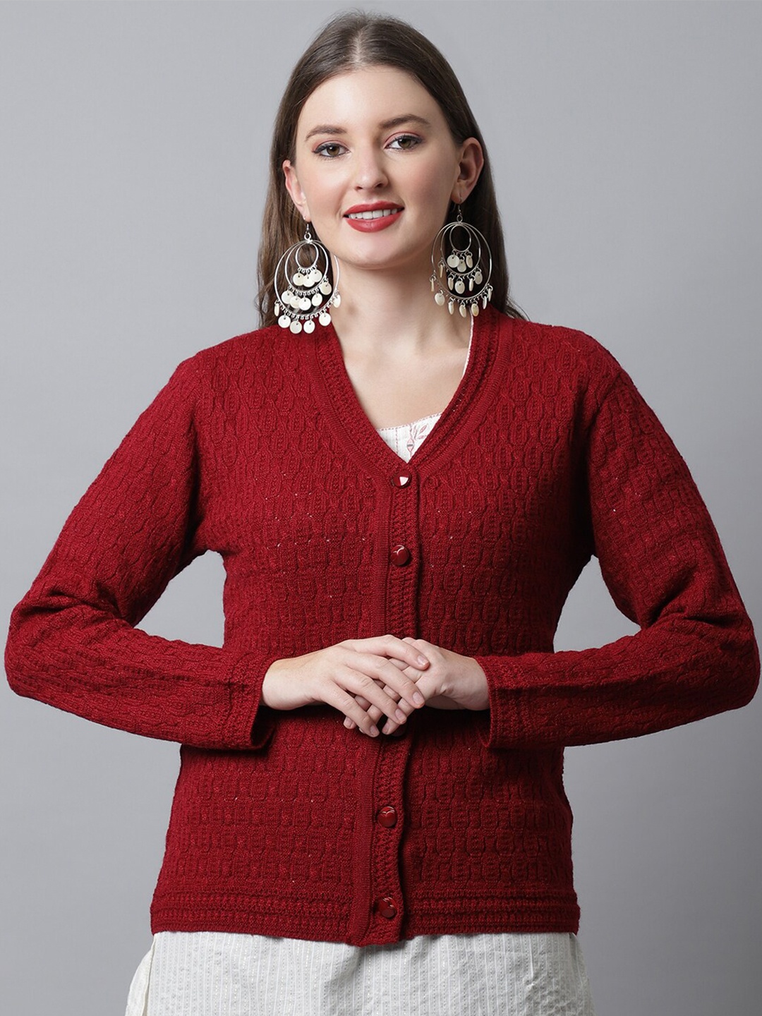 

Cantabil Women Maroon Cable Knit Cardigan