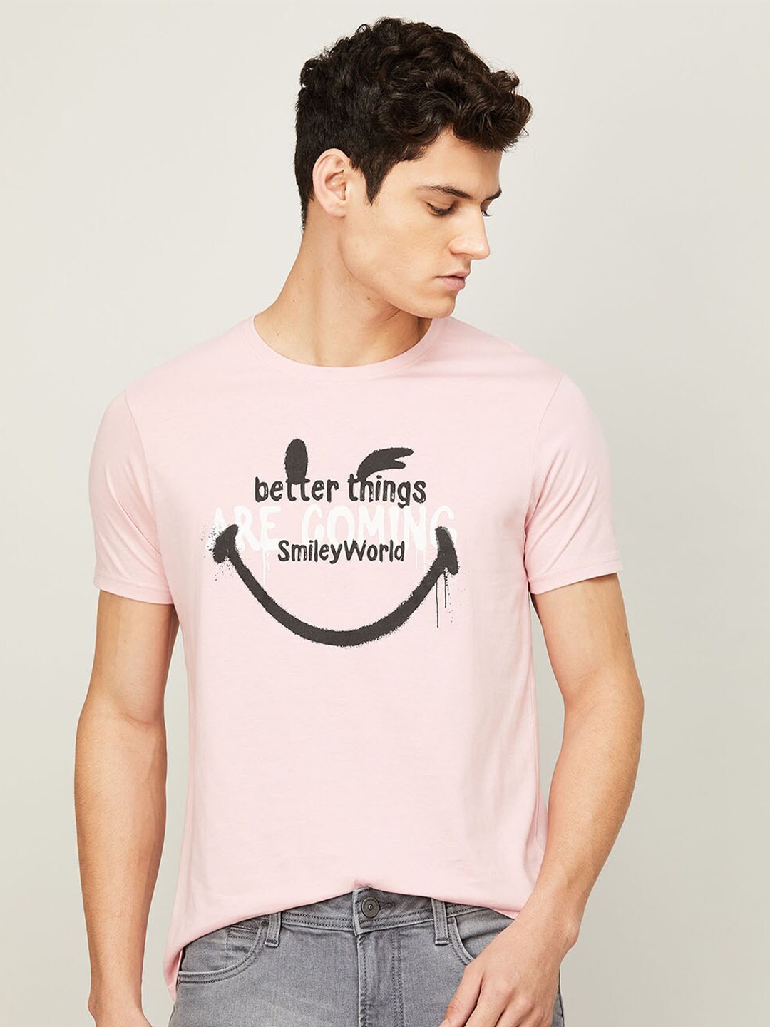 

SmileyWorld Men Pink Typography Printed Pure Cotton T-shirt