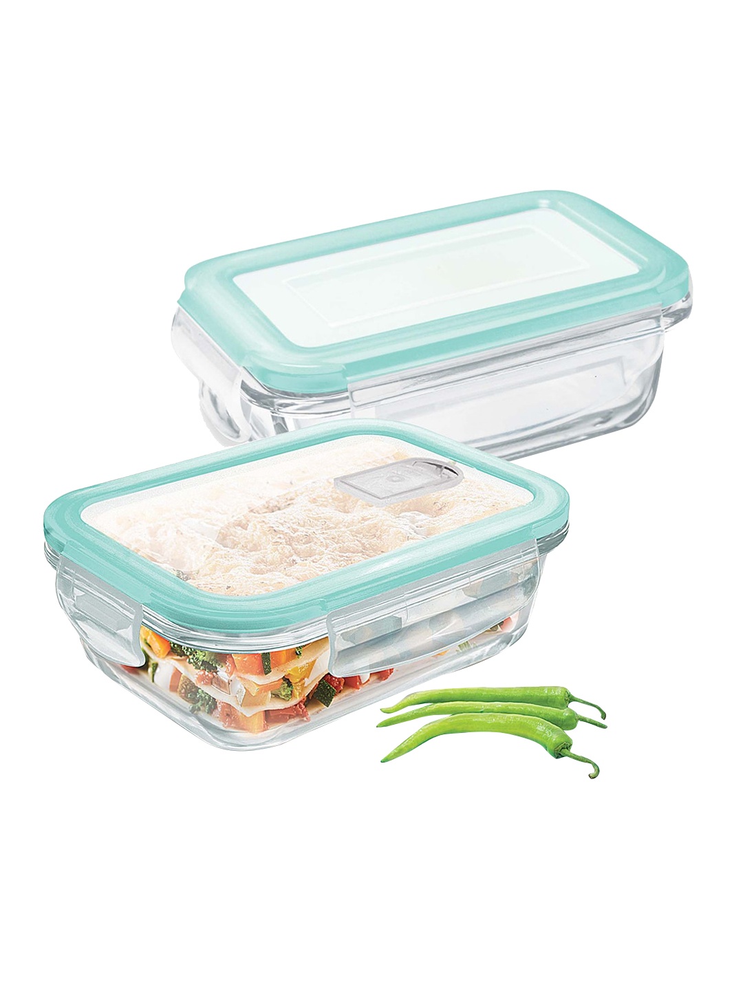 

Treo Set Of 2 Hi Borosilicate Clip Fresh Rectangular Container 370 ml Each, Transparent