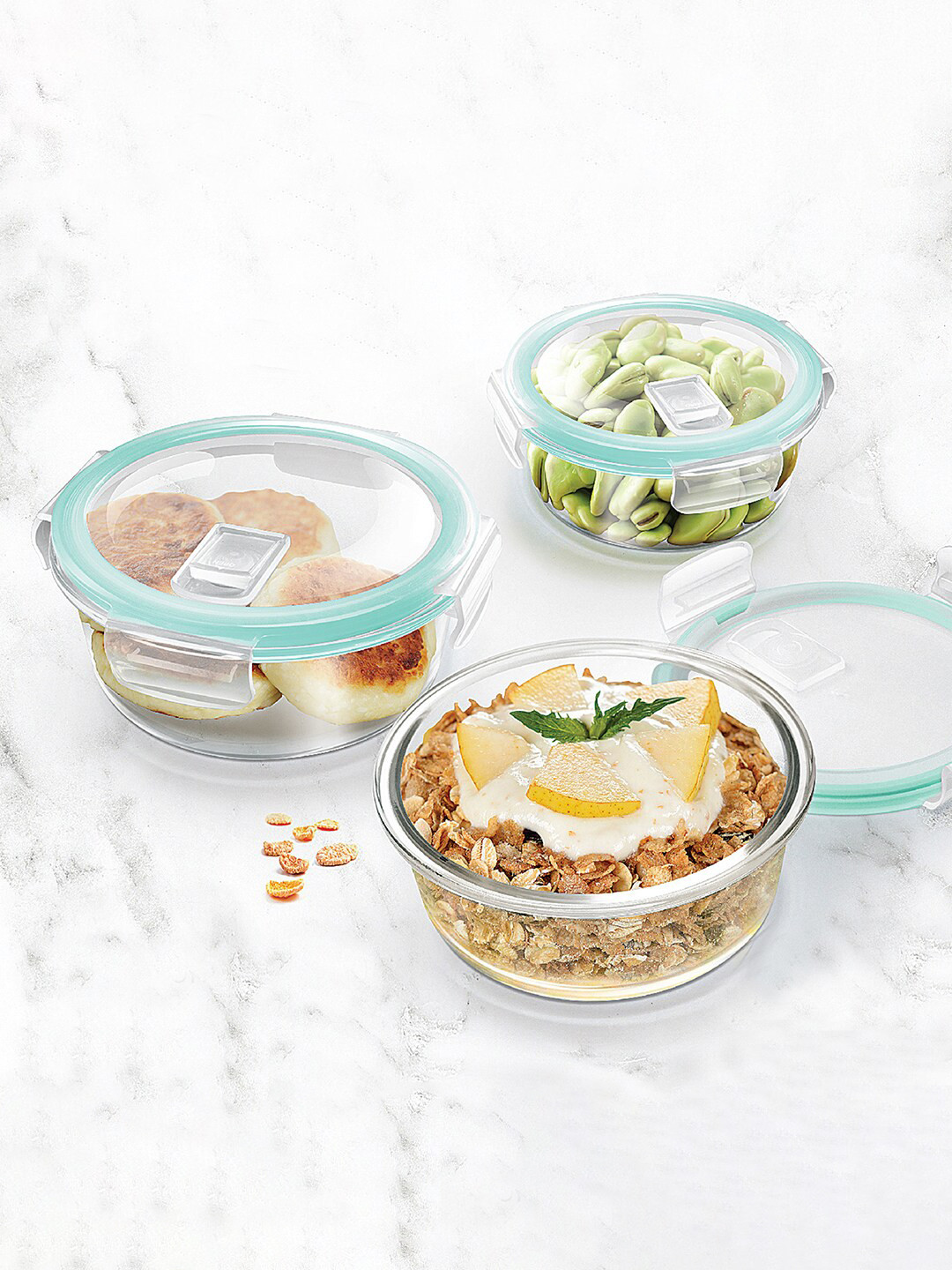 

Treo Set Of 2 Transparent Hi Borosilicate Clip Fresh Round Containers 950 ml Each