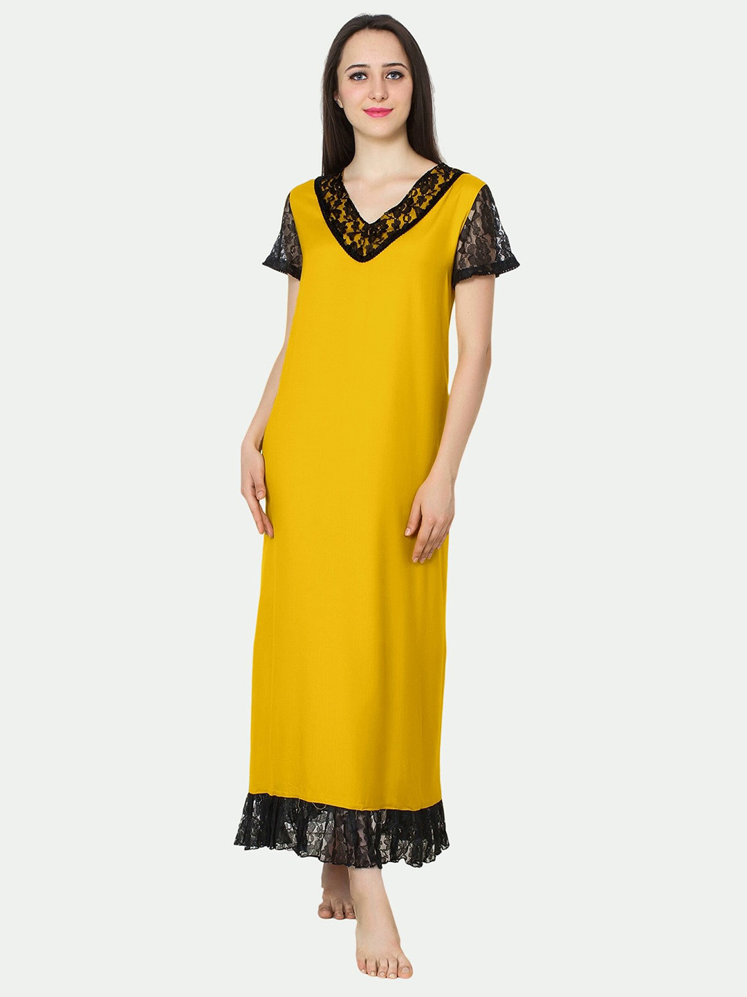 

PATRORNA Women Mustard Maxi Nightdress