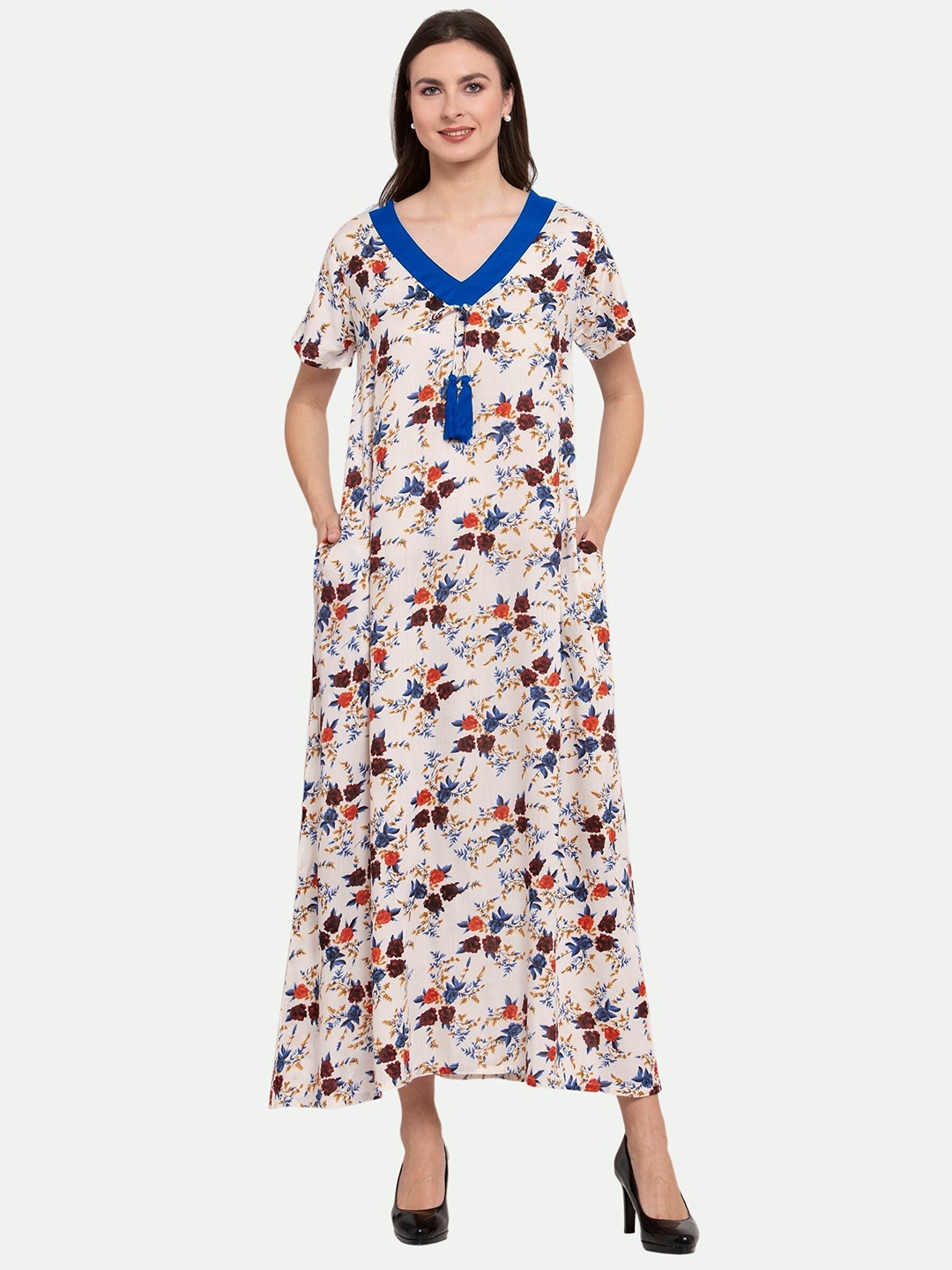 

PATRORNA Women Cream-Coloured Printed Maxi Nightdress