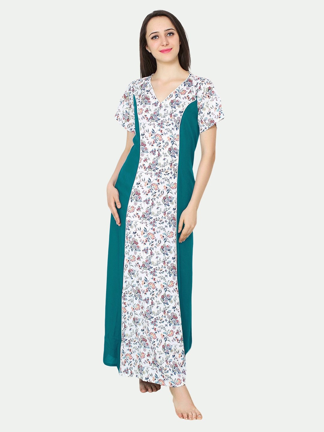 

PATRORNA Women Green Printed Maxi Nightdress