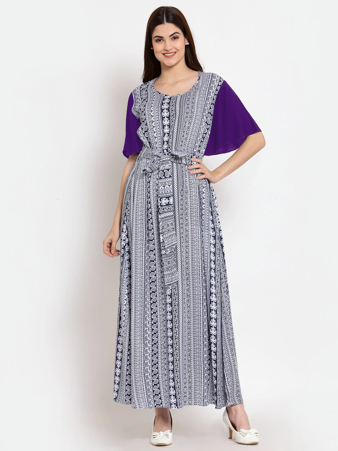 

PATRORNA Women Purple Printed Maxi Nightdress