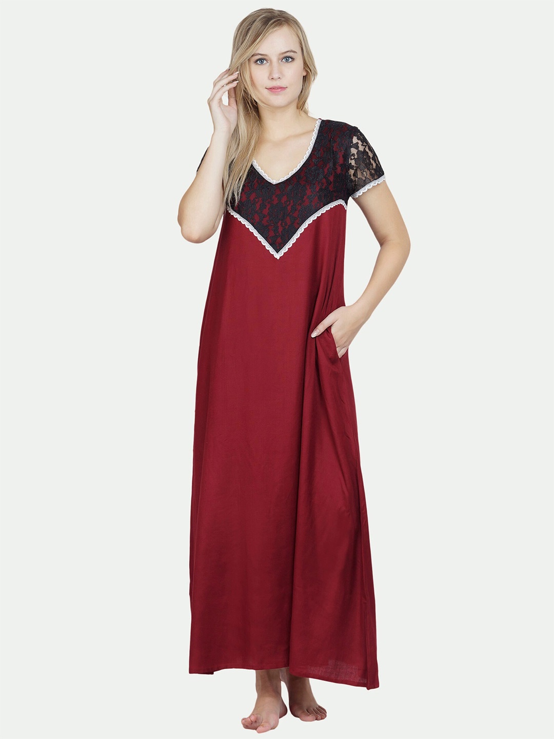 

PATRORNA Women Maroon Maxi Nightdress