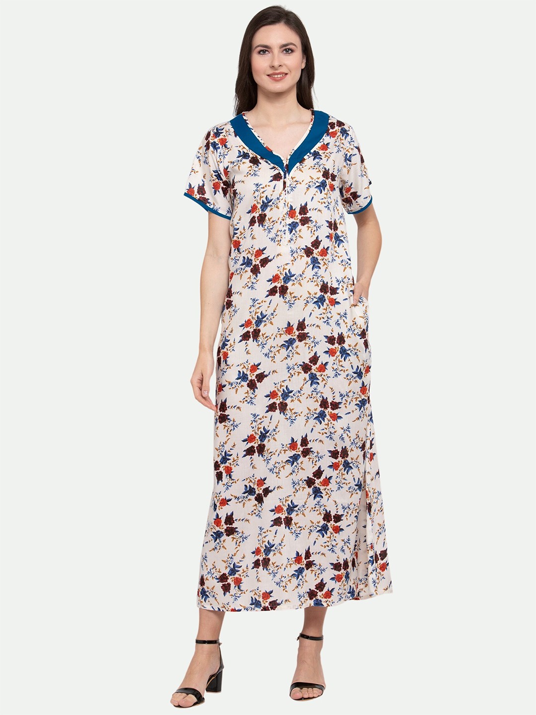 

PATRORNA Women Cream-Coloured Printed Maxi Nightdress