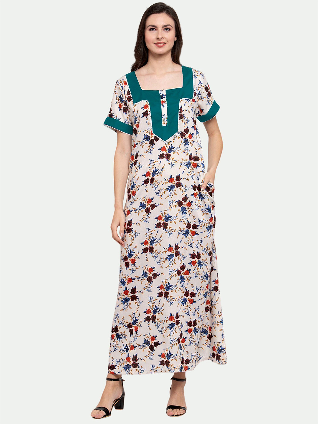 

PATRORNA Women Cream-Coloured Printed Maxi Nightdress