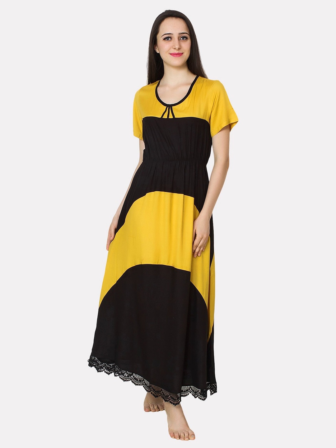 

PATRORNA Women Mustard Maxi Nightdress