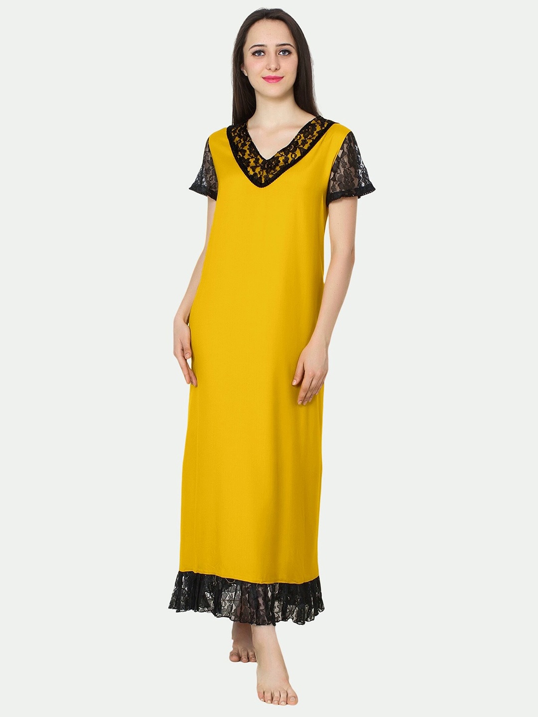 

PATRORNA Women Mustard Maxi Nightdress